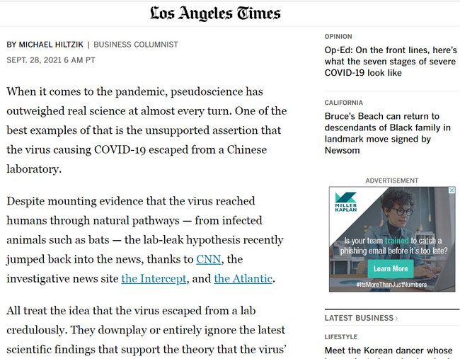 Foto: Pamje e artikullit të postuar në uebsajtin e “Los Angeles Times”-it.