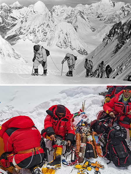 Minulost a přítomnost: Horolezci na zasněženém svahu ve výšce 7.000 metrů nad mořem v roce 1960 a moderní horolezecké vybavení pro misi na měření výšky Mount Everestu dne 21. května 2020. [Fotografie: Tisková agentura Nová Čína / Xinhua]