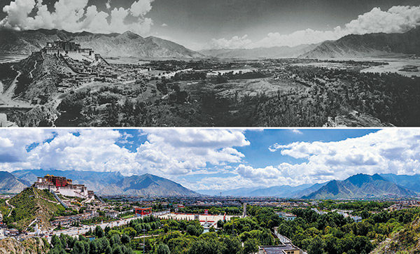 Minulost a přítomnost: Krajina Lhasy v 50. letech minulého století a nový vzhled Lhasy dne 13. srpna 2021. [Fotografie: Tisková agentura Nová Čína / Xinhua]