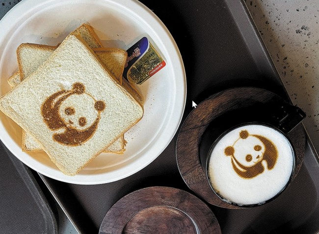 V kávarně Panda v Pekingské zoologické záhradě mohou návštěvníci píjet šálek Latte s toustem ve tváru pandy. [Fotografie: Xu Lin / deník China Daily]