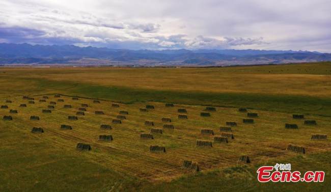 Η εναέρια φωτογραφία (照片: Zhàopiàn) δείχνει το όμορφο φθινοπωρινό τοπίο (秋季风景 :Qiūjì fēngjǐng) του εθνικού πάρκου (国家公园: Guójiā gōngyuán) των βουνών Τσιλιέν στην επαρχία Τσινγκχάι της βορειοδυτικής Κίνας, 16 Σεπτεμβρίου 2021. (Φωτογραφία: China News Service)