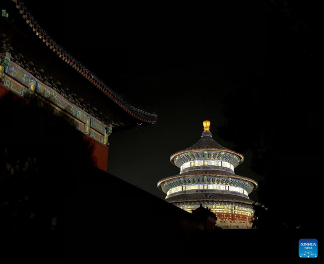 Αρχιτεκτονική του Ναού του Ουρανού στο Πεκίνο, πρωτεύουσα της Κίνας, 12 Φεβρουαρίου 2022. (Xinhua/Du Xiaoyi)
