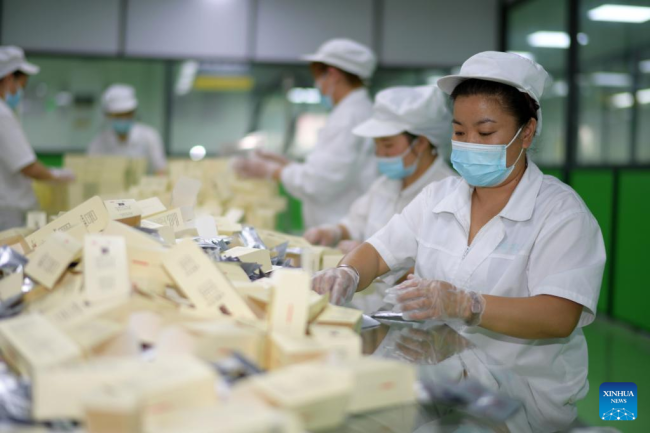 Συσκευάζοντας προϊόντα τσαγιού από αγιόκλημα σε εργοστάσιο στην κομητεία Σουιγιάνγκ της επαρχίας Γκουιτζόου της νοτιοδυτικής Κίνας, την 1η Ιουλίου 2022.