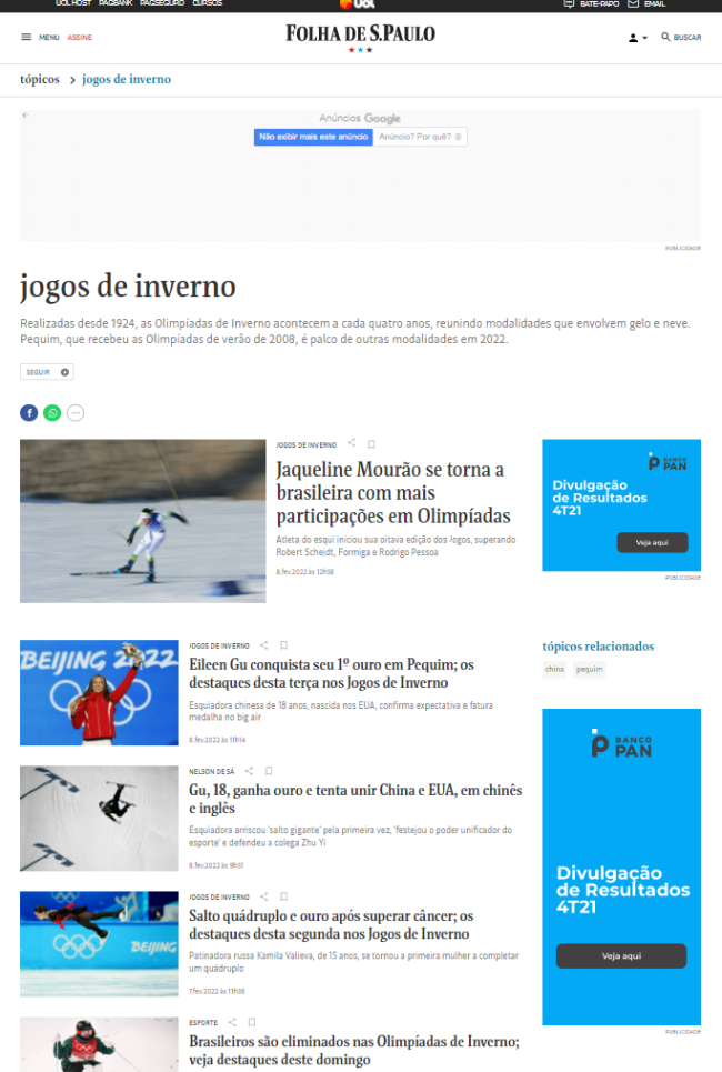 O jornal Folha de São Paulo criou o tópico “jogos de inverno” para a cobertura das Olimpíadas de Inverno de Beijing