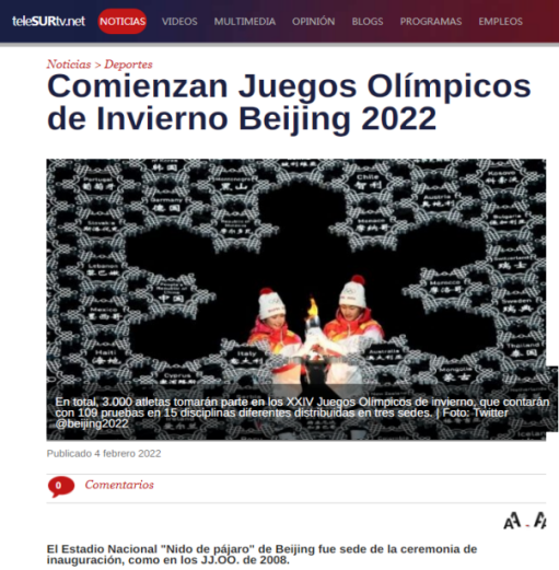 A teleSUR da Venezuela veiculou reportagem dos Jogos Olímpicos de Inverno de Beijing